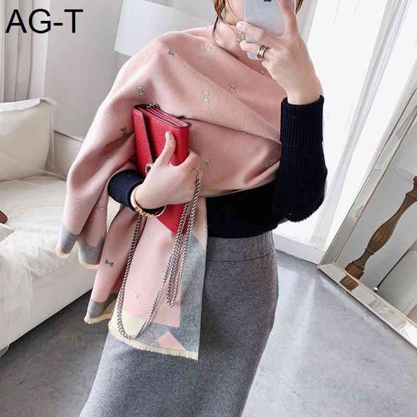 

bow autumn and winter cashmere scarves women shawl long section of dual-use thermal printing multi-color stitching pattern scarf, Blue;gray