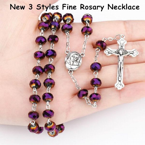 

pendant necklaces 3 style handmade colorful round bead chain virgin mary jesus cross rosary necklace fashion accessories gifts for unisex, Silver