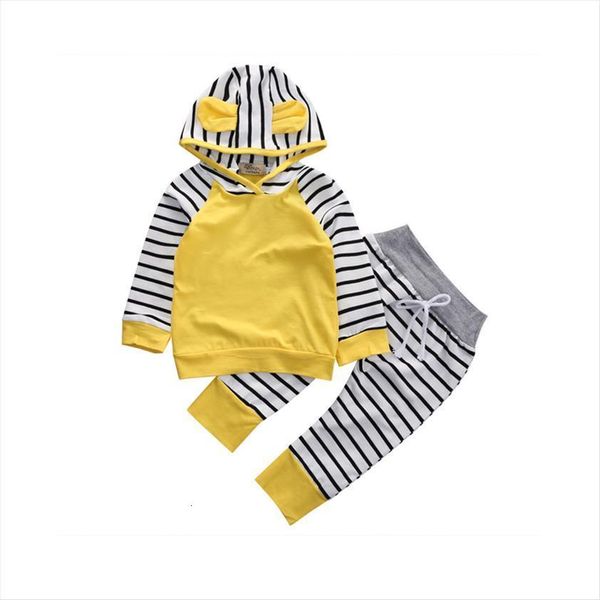 

0 3y spring fall fashion casual 2pcs toddler baby girls boys long sleeve hooded ears pullover striped yellow short top, White