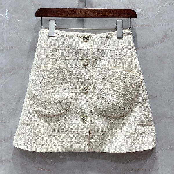 

dress runway wool blend mini skirt women summer woolen fashion patchwork pockets buttons luxury brand elegant plaid skirts, Black;gray