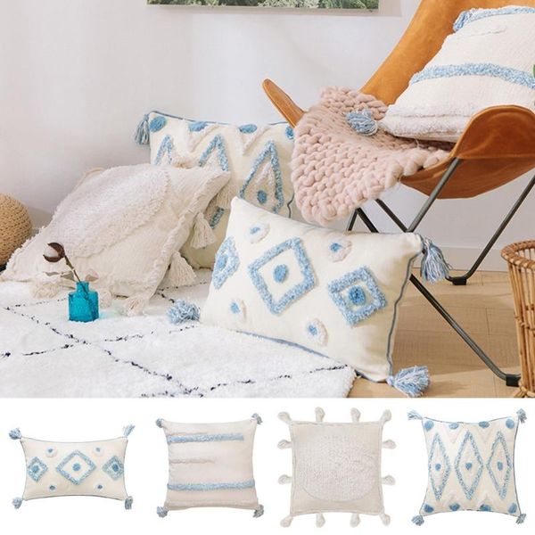 

pillow case null nordic moroccan style throw woven tufted blue cream geometric diamond pattern pompom decorative cushion cover