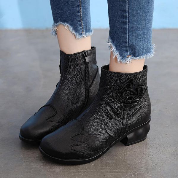 

boots autumn and winter 2021 thick heel leather national style mid hand sewn flower, Black