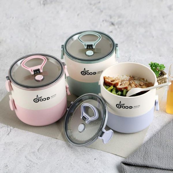 

dinnerware sets insulated kids lunch box leak proof container bamboo fiber stackable students round bento portable lancheira