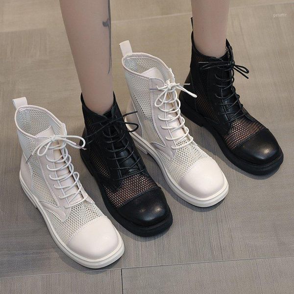 

summer breathable mesh ankle boots for women fashion black beige lace up casual shoes woman flat platform square toe cool1