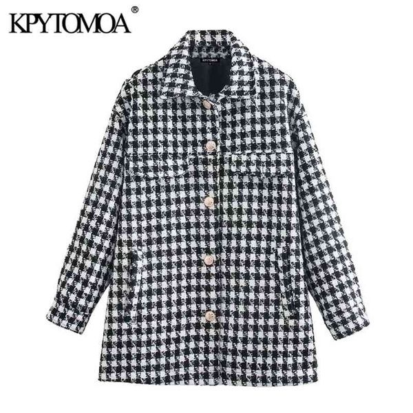 

women fashion with pockets loose check tweed jacket coat long sleeve button-up female outerwear chic 210420, Black;brown