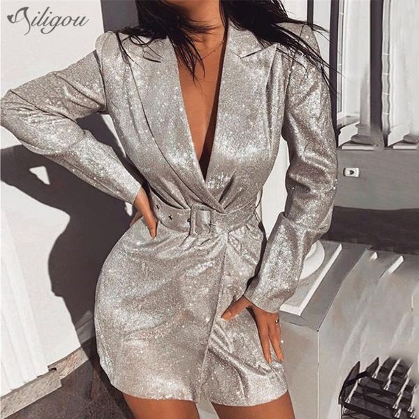 

women's jackets ailigou spring 2021 jacket casual long sleeve deep v-neck slim belt silver club party coat vestidos, Black;brown