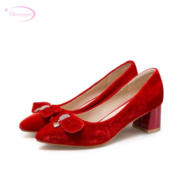 

dress shoes chainingyee sweet pointed toe pumps comfortable flock bowknot rhinestone red black yellow pink thick med heel women's