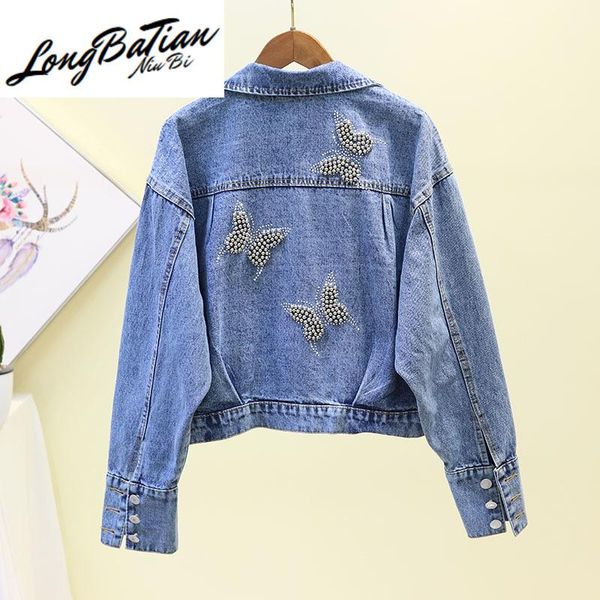 

women's jackets spring autumn korean fashion bat sleeve loose student short jeans jacket butterfly beading blue denim coat basic outerw, Black;brown
