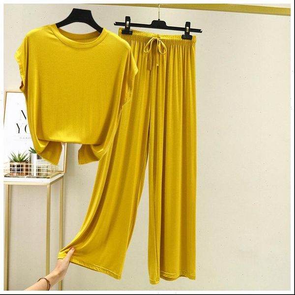 

summer women tracksuits fashion suit female modal round neck batwing sleeve two piece set wide leg pants casual clothing y259, Gray