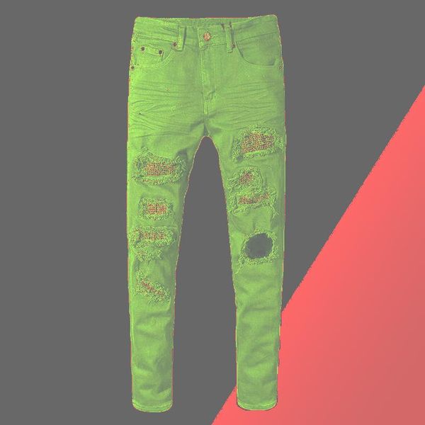 

men's jeans classic mens slim skinny crystal rhinestone patchwork ripped fashion patch black stretch denim pants, Blue