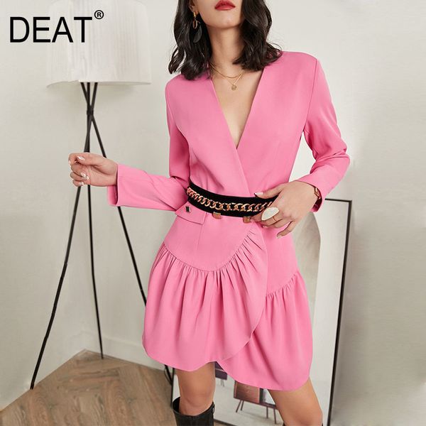 

deat women pink asymmetrical ruffles pockets rivet lace dress new v-neck long sleeve slim fit fashion tide summer 7e1222 210428, Black;gray