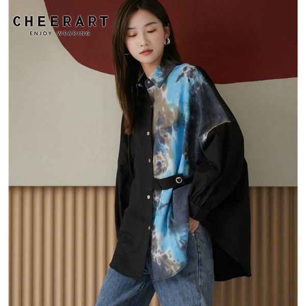 

tie dye oversized shirt women long sleeve blouse patchwork button up collar designer autumn spring clothes 210427, White