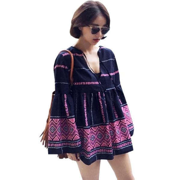 

women's blouses & shirts vintage ethnic blouse women 2021 spring summer korean fashion clothing totem patterns printed lace-up and, White