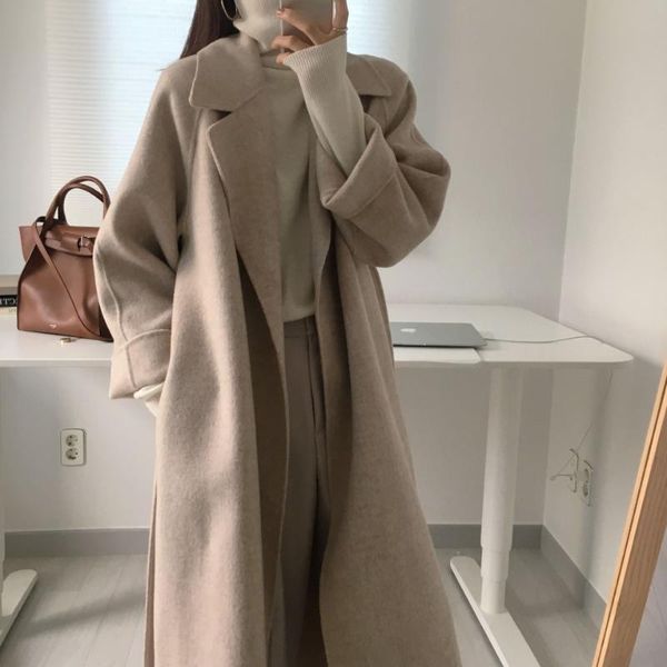 

brand coats women's wool & blends qiqueen autumn winter 2021 women elegant long coat with belt solid color sleeve chic o, Black