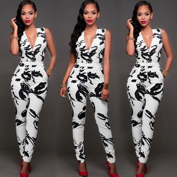

elegant high waist womens jumpsuit off shoulder print v neck clubwear playsuit bodysuit party romper long trousers streetwear, Black;white
