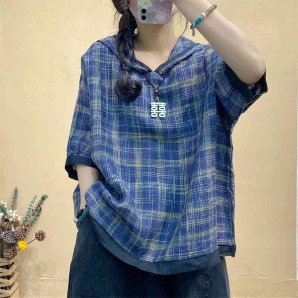 

2021 summer new korean casual linen plaid short sleeve hoodie women's loose hooded thin breathable sweater, Black