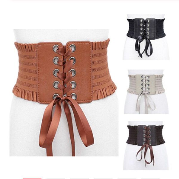 

belts women ladies fashion stretch belt tassels elastic buckle wide dress corset waistband pu leather tie bowknot, Black;brown