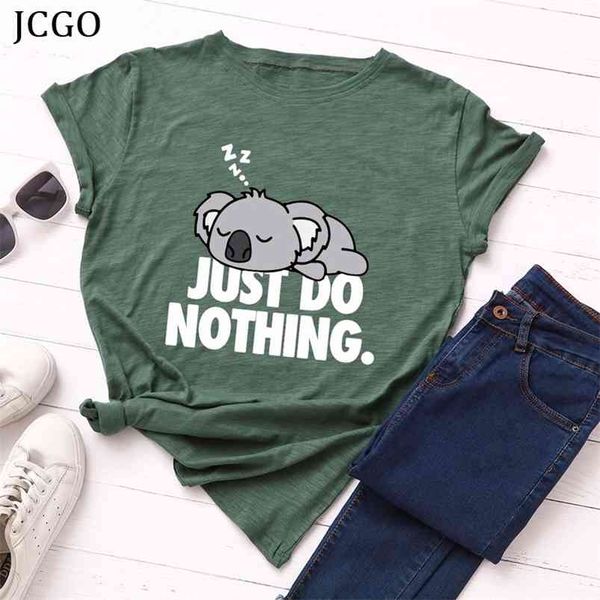 

jcgo women t shirt summer short sleeve 100% cotton plus size s-5xl oversize cute koala print casual tee o neck lady tshirts 210623, White