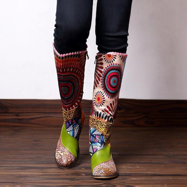 

handmade genuine leather mid calf women shoes vintage bohemian printed splicing buckle strap flat spring autumn boots 848s, Black