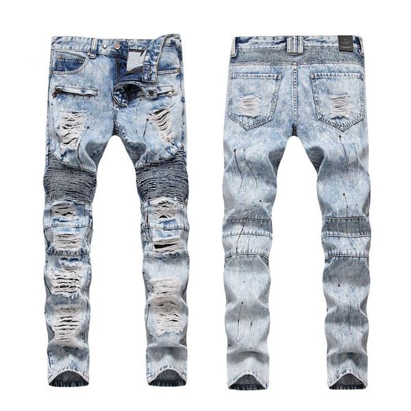 

men's jeans and american european high street fashion man wear torn cloth beggar dress hand-painted color paint denim hole trousers, Blue