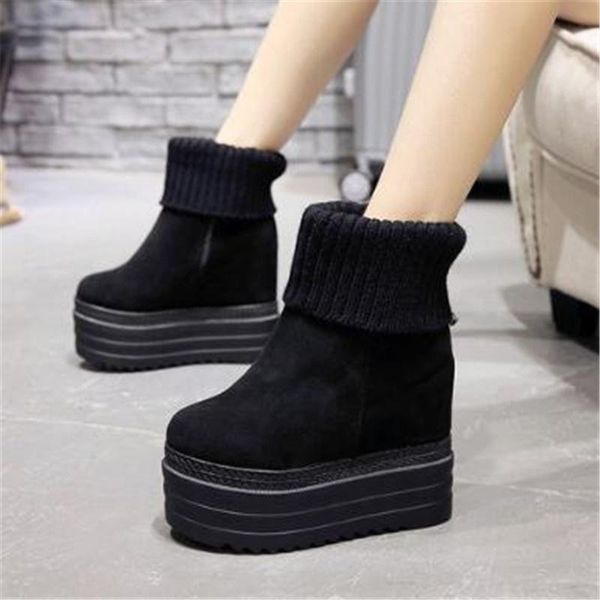 

boots winter est 14cm heels shoes women wedge increased flock female matte warm wool mouth short ankle black brown