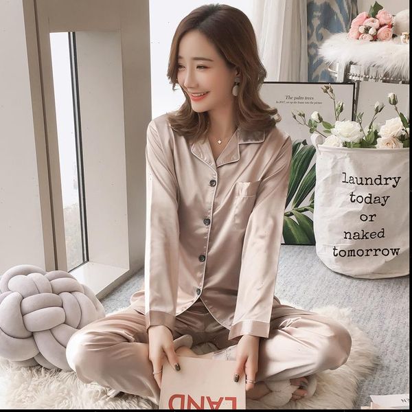

pajamas sets quality navy women sleepwear satin ice silk noble korea sweet long sleeve trousers pyjamas, Black;red