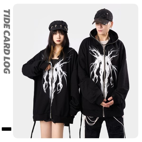 

autumn and winter new personalized fashion printed sweater cardigan high street leisure hip hop metal zipper jacket, Black