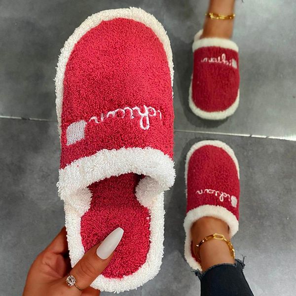 

slippers plush shoes women's fashion embroidery printing baotou hairy flat autumn winter floor soft cotton for bedroom, Black