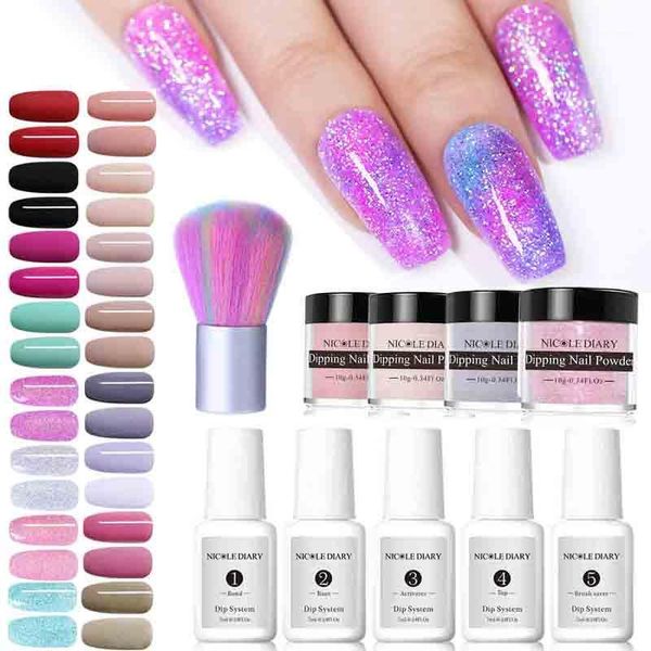 

diary 9pcs dip nail set art dipping nails glitter matte holo dust with base activator brush1, Silver;gold