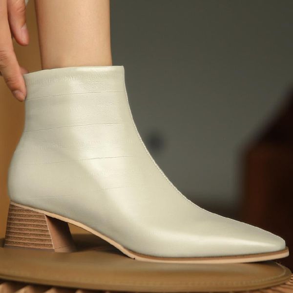 

boots women's genuine leather thick high heel square toe side zip autumn ankle quality comfortable short booties shoes sale, Black