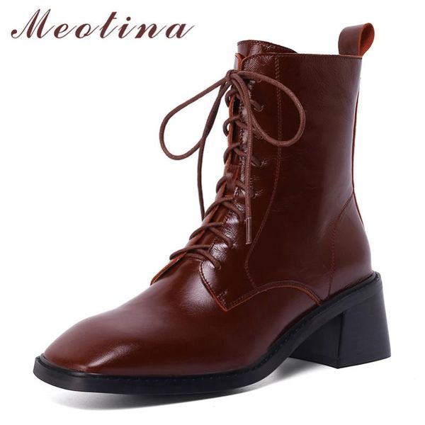 

boots meotina short women shoes genuine leather chunky high heel square toe zipper lace up lady ankle autumn winter, Black