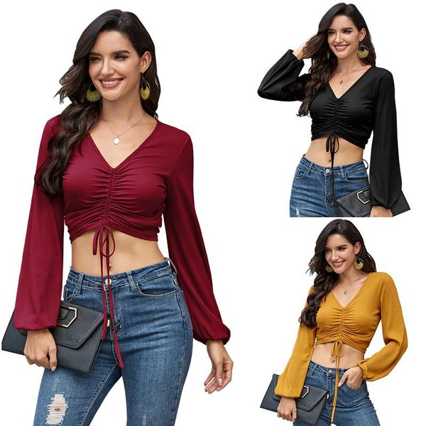 

women's t-shirt summer lace-up v-neck long sleeve drawstring slim women black yellow stretch thin short, White