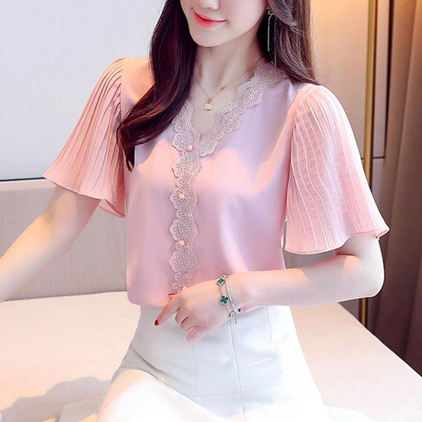 Damenblusenhemden LJSXLS Rosa Weiß Gelb Korea-Stil Sommermode Chiffon Frauen Patchwork Kurzarmhemd Lose V-Ausschnitt Tops 20