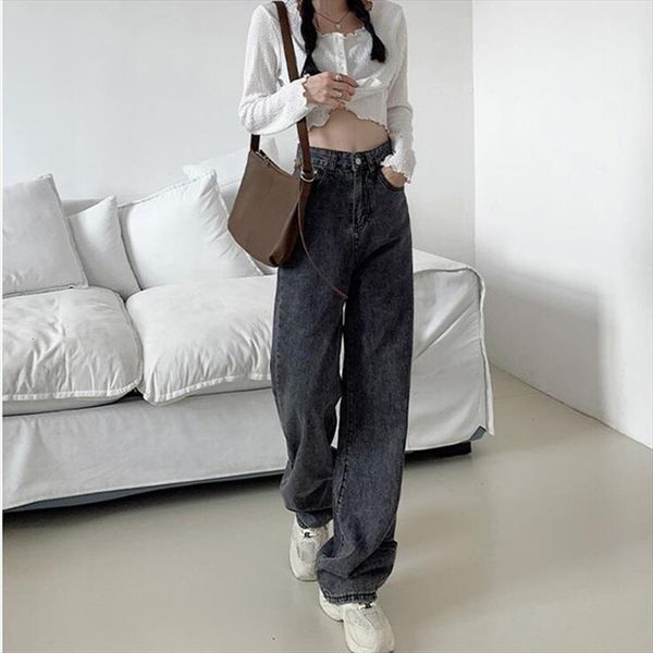 

pants casual all match straight women jean high waist korean fashion streetwear vintage slim daily baggy wide leg trousers, Blue