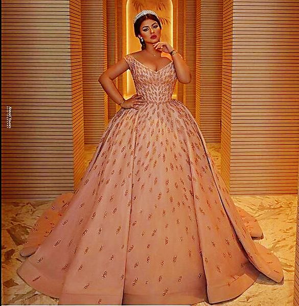 

2021 plus size arabic aso ebi gold luxurious sparkly wedding gowns deep v-neck ball gown beaded satin bridal dresses zj225, White