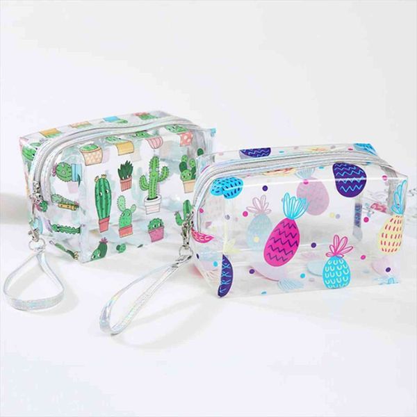 

female pvc cactus pineapple cosmetic bag makeup storage pouch case cute beach wash organizer women travel clear toiletry