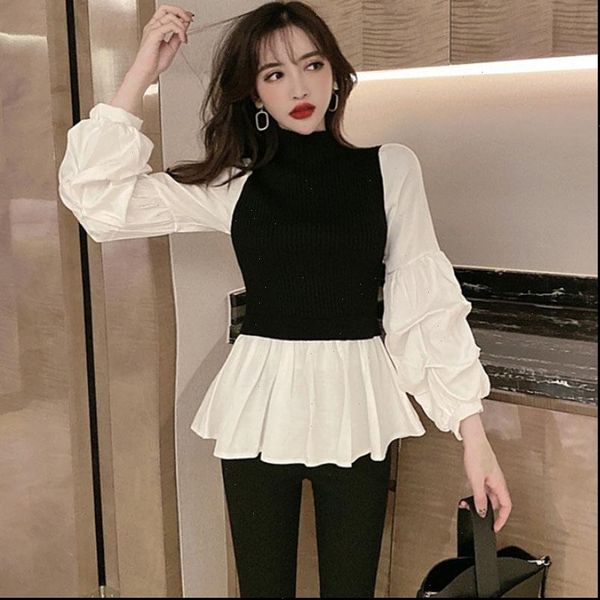 

2002 summer spring stand collar women shirts split joint knitting puff sleeve pleated korean fashion shirt tm1466, White