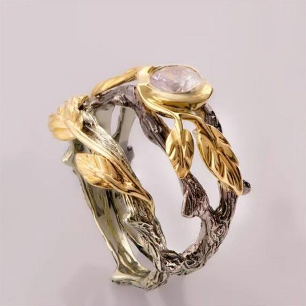 

wedding rings vintage gold metal leaves ancient two-tone withered branch vines resin stone finger ring tribal jewelry, Slivery;golden