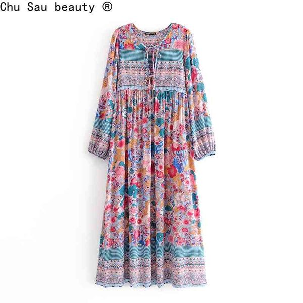 

holiday style floral print color matching o neck lace up pullover loose dress boho female long skirt fashion 210514, Black;gray