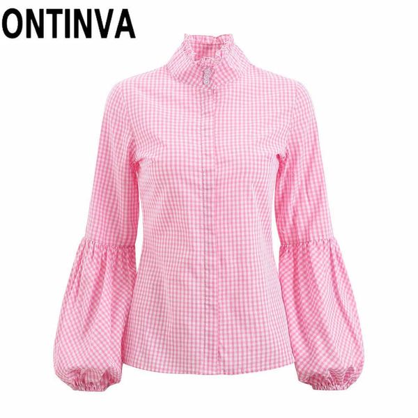 Liquidazione Camicetta da donna Camicie di cotone a quadri scozzesi rosa Lantern Grid Maniche lunghe Collo alto increspato Bottoni Top Blusas Casual 210527