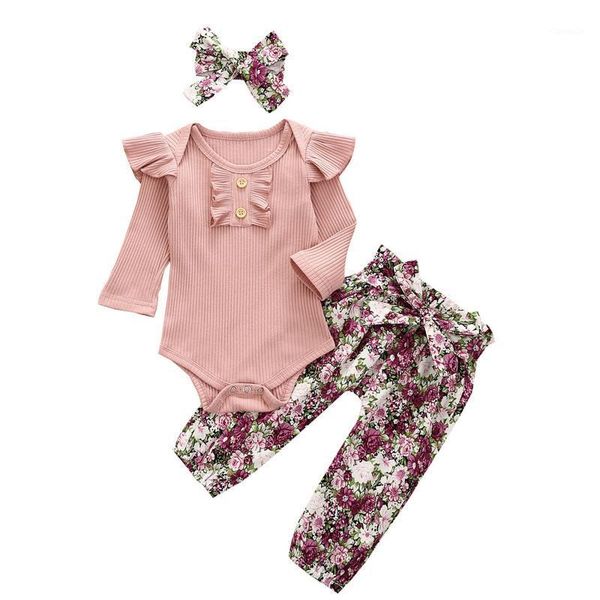 

clothing sets 0-24m born baby girls clothes solid ruffle ribbed romper+ floral pants outfits set long sleeve fall winter, White