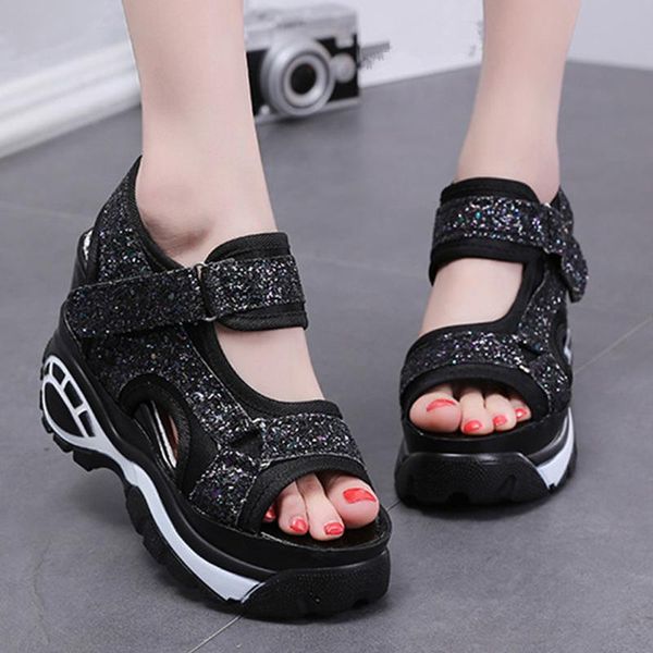 

luxury woman platform sports sandals beach comfort work sandalias rasteirinha wedges for girl low heel sandal, Black