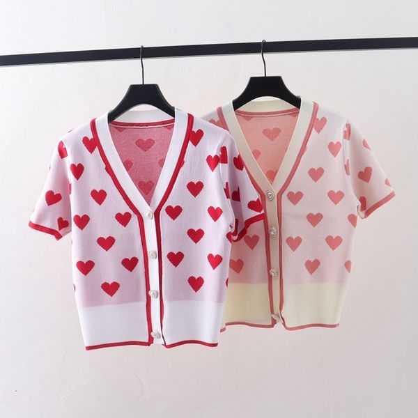 

t shirt love sweet aging v-neck short sleeve knitted cardigan women's 2021 summer pearl button loose top, White