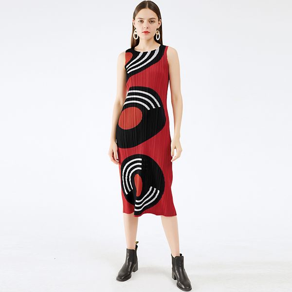 

summer women's dress around sleeveless neck long miyake plissado black white circle printed, Black;gray