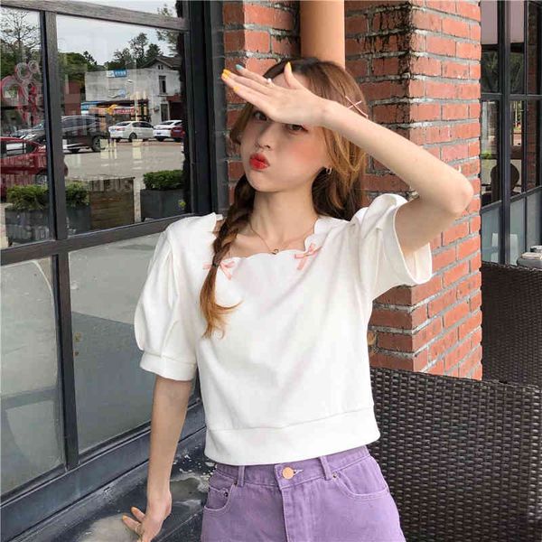 

4 colors 3 sizes butterfly bow short sleeve causal short design women female basic college wind summer t-shirts 210522, White