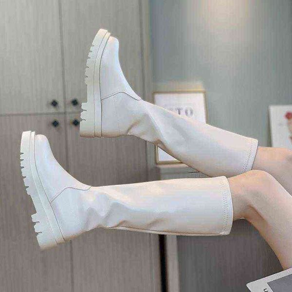 

2021 platform knee high boots slip-on block heel footwear women thick heels pu leather shoes fashion spring female, Black