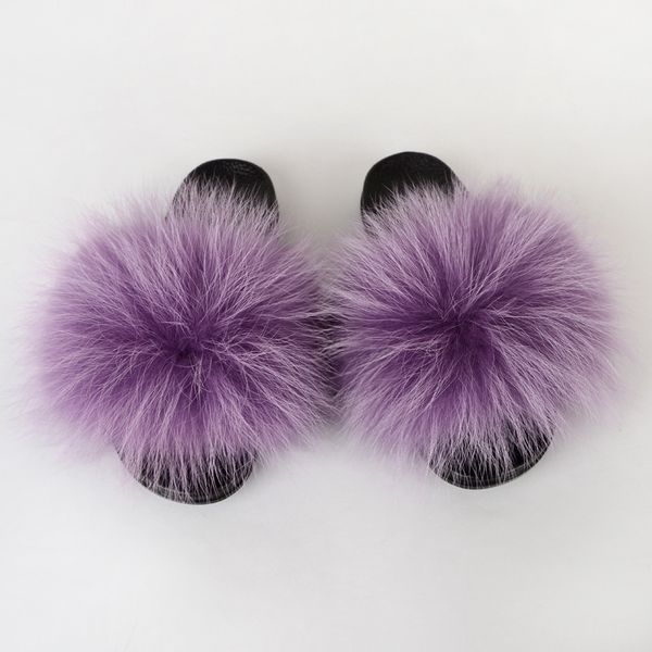 

wholesale furry fluffy raccoon fur slides luxury fur slippers, Black