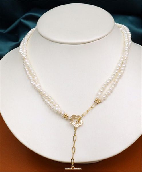 

chains habitoo classic 2 strand natural 5-6mm white cultured freshwater pearl necklace chain adjustable gold rose clasp fashion jewelry, Silver