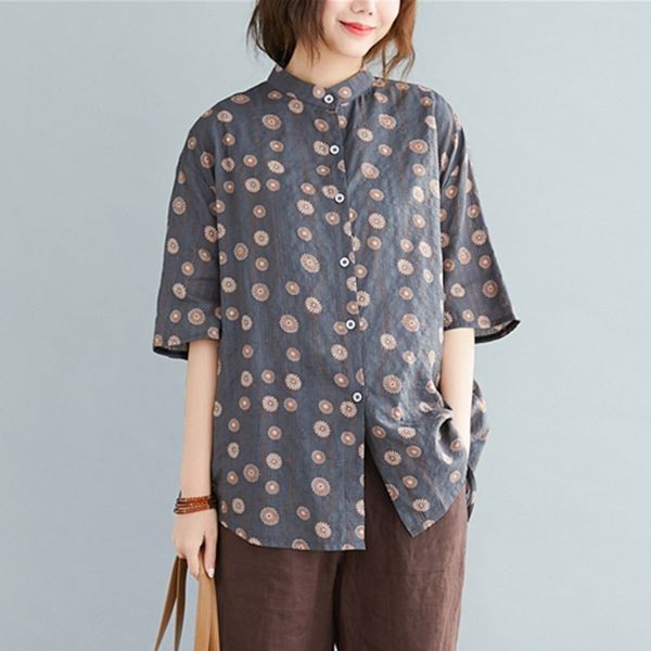 

oversized women cotton linen casual shirts new summer simple style vintage stand collar print loose female s3536 210412, White