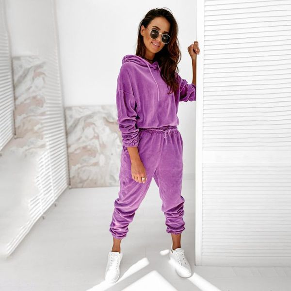 

women's two piece pants autumn winter two-piece sets gold velvet hooded long-sleeved fashion casual suit outfit tracksuit, White